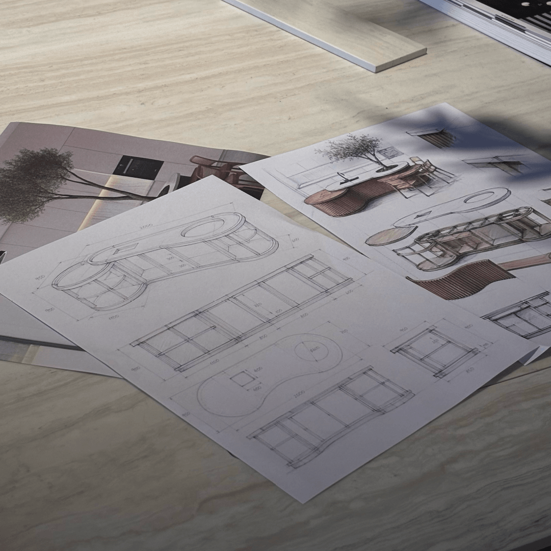 Desenhos técnicos e esboços de arquitetura de interiores com cotas e perspetivas 3D para o desenvolvimento e fabrico de mobiliário por medida da Moura Concept.
