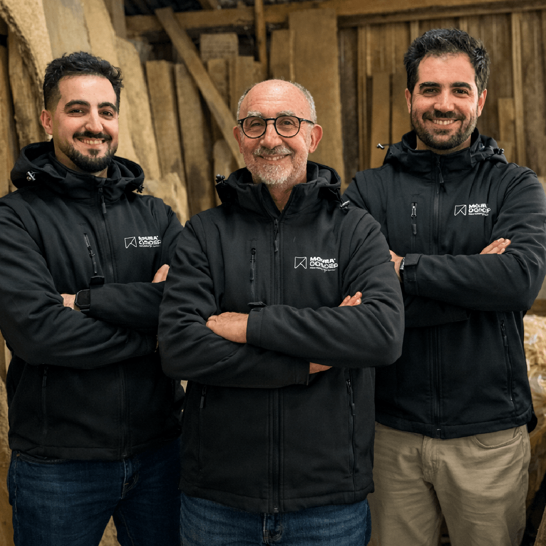 O pai e os dois filhos, gerações da família fundadora da Moura Concept, reunidos no armazém de madeiras do seu negócio familiar de fabrico de mobiliário por medida e design de interiores.
