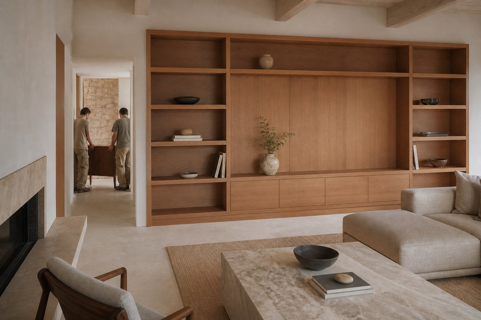 Interior contemporâneo com mobiliário novo enquanto dois profissionais retiram discretamente uma peça usada.